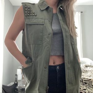 BDG Army Olive Green Studded Punk Cargo Oversized Zip Up Vest